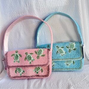 Beaded Turtle Bag Bundle – Pink + Blue Coastal Shoulder Bags (Set of 2)